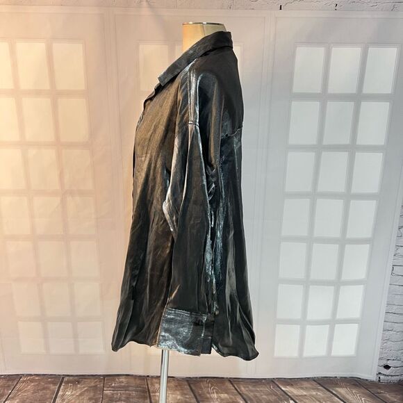 H&M Silver Metallic Long Sleeve Button Down Blouse Top Size Large - Picture 9 of 13